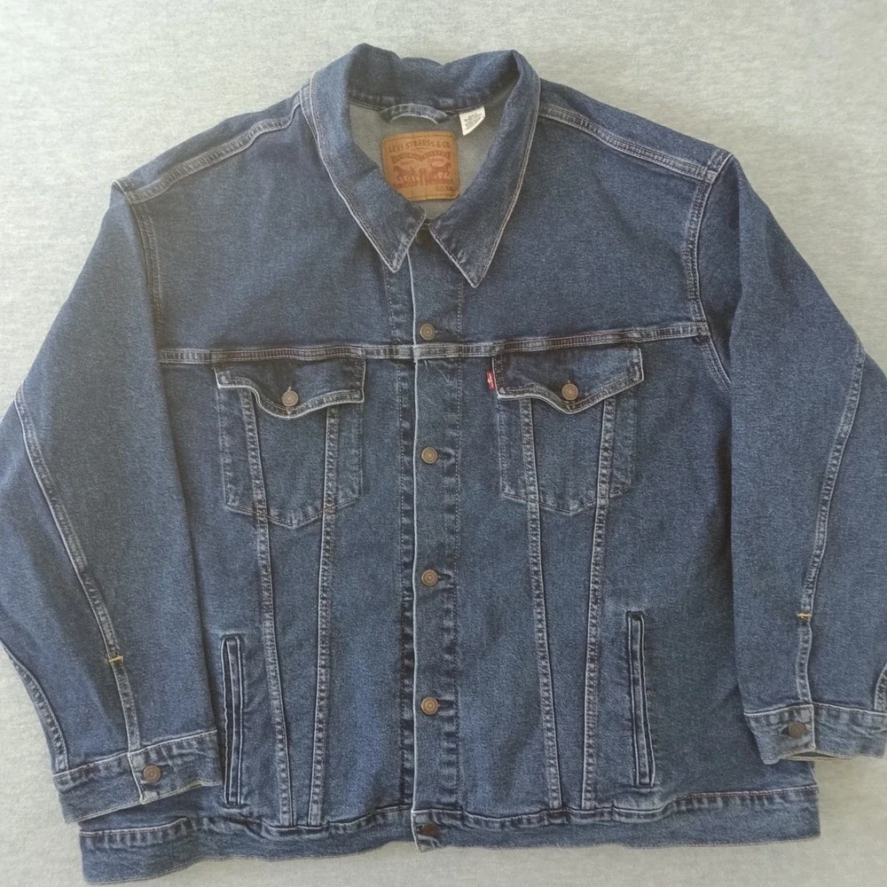 Levis Mens 5XL Dark Wash Denim Trucker Jacket Blue Button Up Red Tab WaterLess